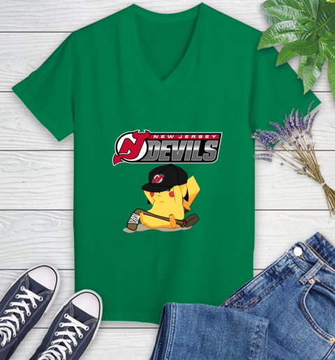 NHL Pikachu Hockey Sports New Jersey Devils Women's V-Neck T-Shirt 5