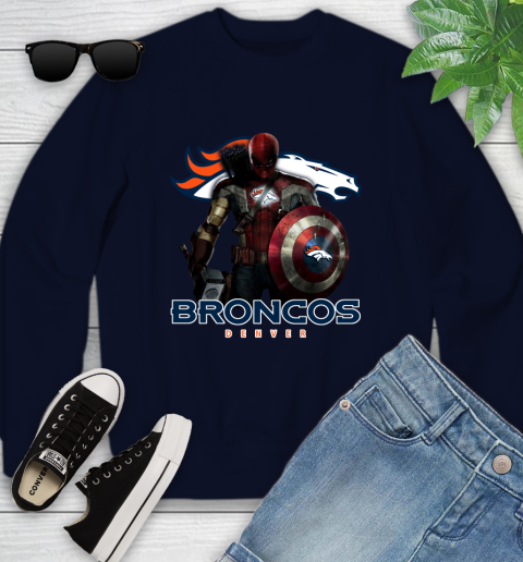 NFL Captain America Thor Spider Man Hawkeye Avengers Endgame Football Denver Broncos Youth Sweatshirt 3