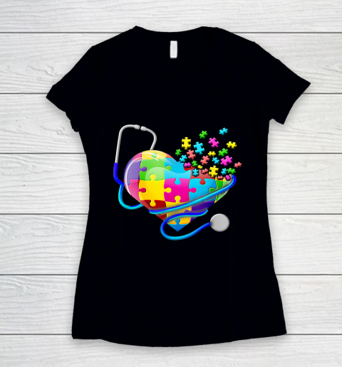 Funny Nurse Autism Puzzle Stethoscope Heart Puzzle Autism Awareness Women's V-Neck T-Shirt