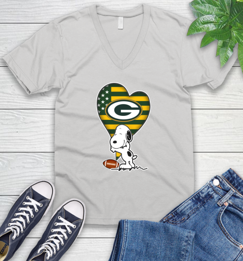 Green Bay Packers NFL Football The Peanuts Movie Adorable Snoopy V-Neck T-Shirt