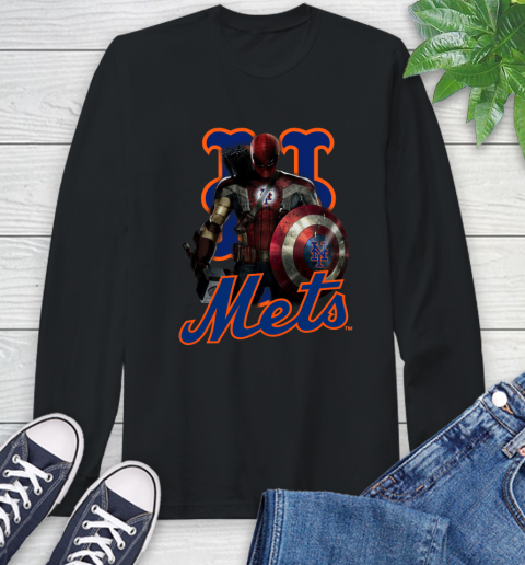 MLB Captain America Thor Spider Man Hawkeye Avengers Endgame Baseball New York Mets Long Sleeve T-Shirt 2