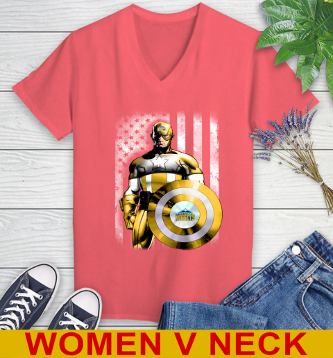Denver Nuggets NBA Basketball Captain America Marvel Avengers American Flag Shirt Women's V-Neck T-Shirt 6