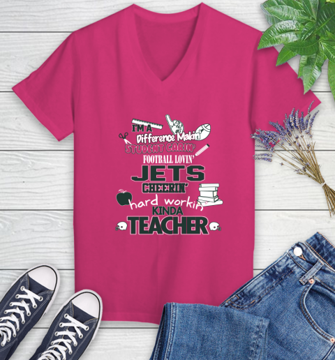 New York Jets NFL I'm A Difference Making Student Caring Football Loving Kinda Teacher Women's V-Neck T-Shirt 9