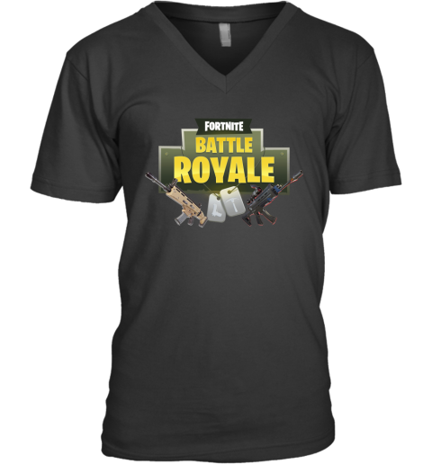 ioz7 fortnite battle royale logo with assault rifle shirts v neck unisex 8 front black