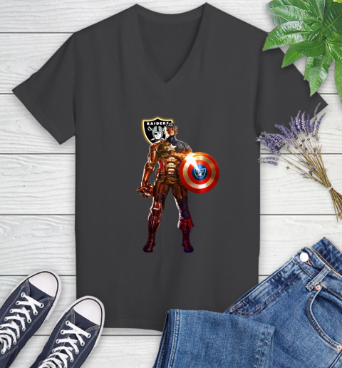 NFL Captain America Marvel Avengers Endgame Football Sports Oakland Raiders Women's V-Neck T-Shirt 8