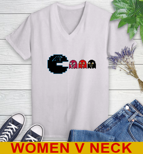 Carolina Panthers NFL Football Pac Man Champion Women's V-Neck T-Shirt