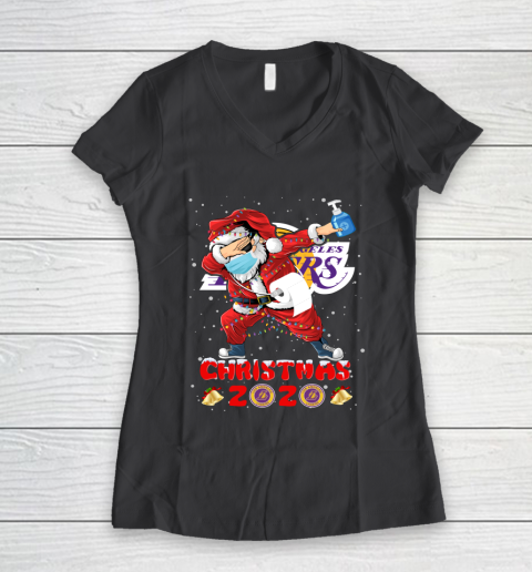 Los Angeles Lakers Funny Santa Claus Dabbing Christmas 2020 NBA Women's V-Neck T-Shirt 6