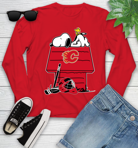 Calgary Flames NHL Hockey Snoopy Woodstock The Peanuts Movie Youth Long Sleeve 11