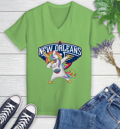 New Orleans Pelicans NBA Basketball Funny Unicorn Dabbing Sports Women's V-Neck T-Shirt 11