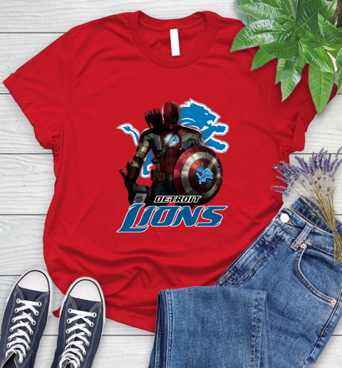 NFL Captain America Thor Spider Man Hawkeye Avengers Endgame Football Detroit Lions Women's T-Shirt 9