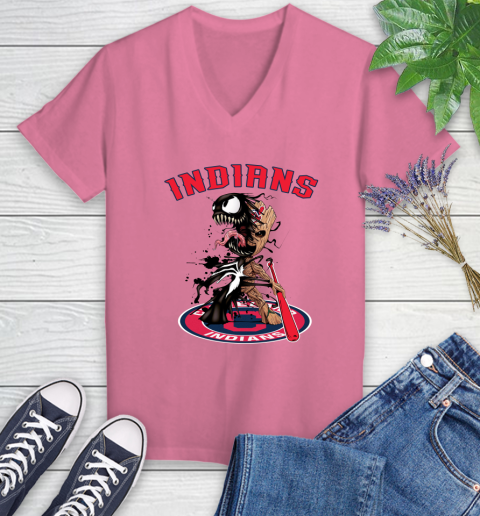 MLB Cleveland Indians Baseball Venom Groot Guardians Of The Galaxy Women's V-Neck T-Shirt 13