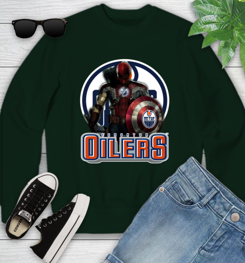 NHL Captain America Thor Spider Man Hawkeye Avengers Endgame Hockey Edmonton Oilers Youth Sweatshirt 10