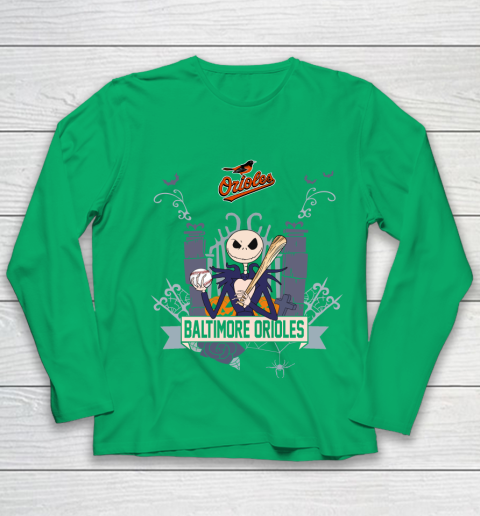 MLB Baltimore Orioles Baseball Jack Skellington Halloween Youth Long Sleeve 4