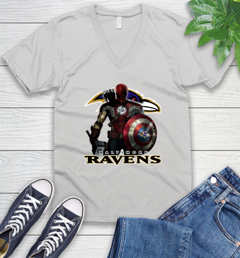 NFL Captain America Thor Spider Man Hawkeye Avengers Endgame Football Baltimore Ravens V-Neck T-Shirt