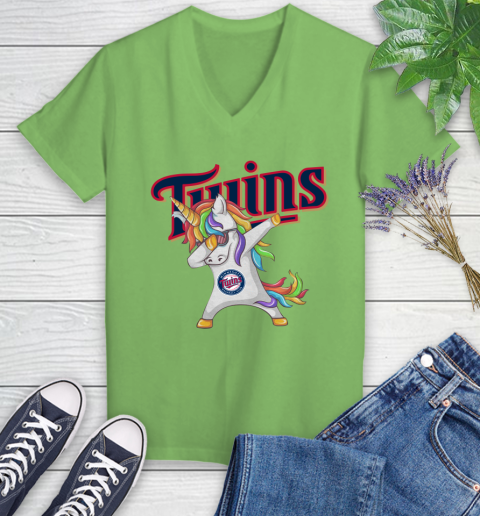 Minnesota Twins MLB Baseball Funny Unicorn Dabbing Sports Women's V-Neck T-Shirt 11