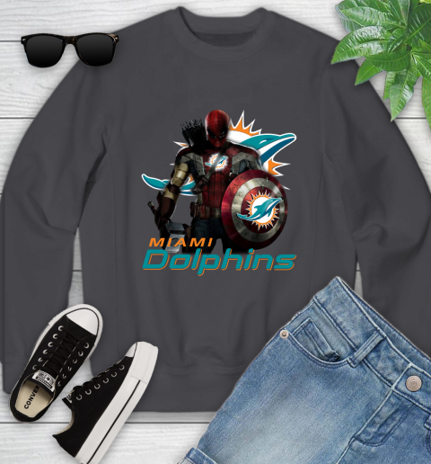 NFL Captain America Thor Spider Man Hawkeye Avengers Endgame Football Miami Dolphins Youth Sweatshirt 6