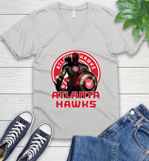 Atlanta Hawks NBA Basketball Captain America Thor Spider Man Hawkeye Avengers V-Neck T-Shirt