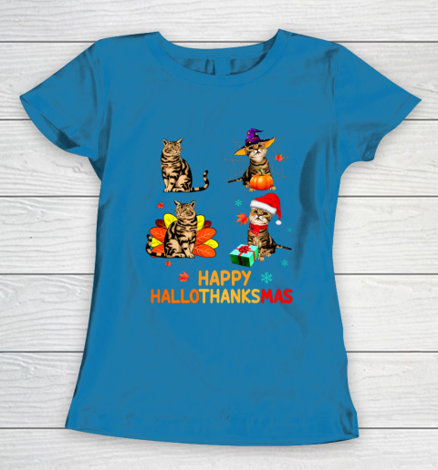 Cat Halloween Thanksgiving Christmas Happy Hallothanksmas Women's T-Shirt 6