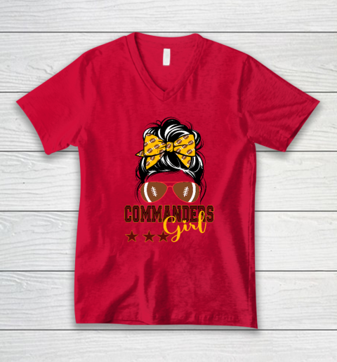 Retro Commanders Girl Messy Bun Sports Fan Team Matching V-Neck T-Shirt 3