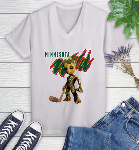 Minnesota Wild NHL Hockey Groot Marvel Guardians Of The Galaxy Women's V-Neck T-Shirt