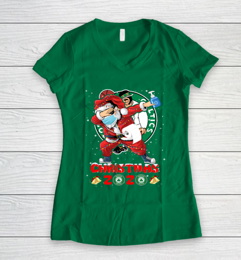 Boston Celtics Funny Santa Claus Dabbing Christmas 2020 NBA Women's V-Neck T-Shirt 3