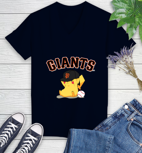 MLB Pikachu Baseball Sports San Francisco Giants Women's V-Neck T-Shirt 3
