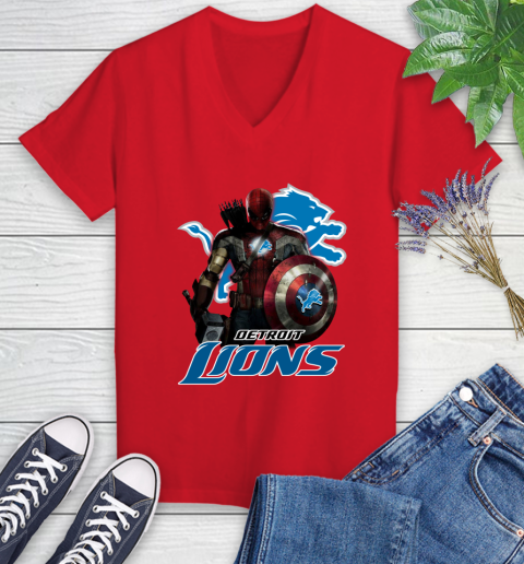NFL Captain America Thor Spider Man Hawkeye Avengers Endgame Football Detroit Lions Women's V-Neck T-Shirt 12