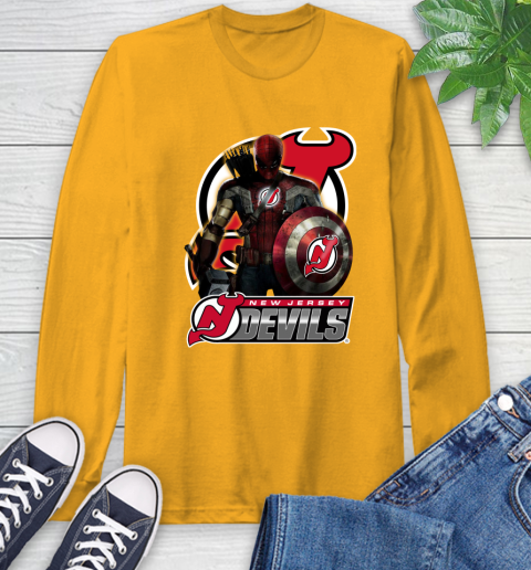 NHL Captain America Thor Spider Man Hawkeye Avengers Endgame Hockey New Jersey Devils Long Sleeve T-Shirt 3
