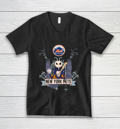 MLB New York Mets Baseball Jack Skellington Halloween V-Neck T-Shirt