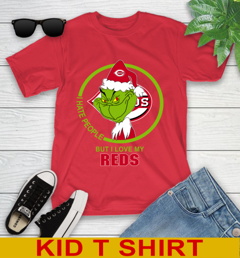 Cincinnati Reds MLB Christmas Grinch I Hate People But I Love My Favorite Baseball Team Youth T-Shirt 10