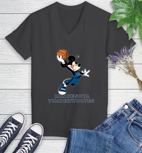 NBA Basketball Minnesota Timberwolves Cheerful Mickey Mouse Shirt Women's V-Neck T-Shirt 7