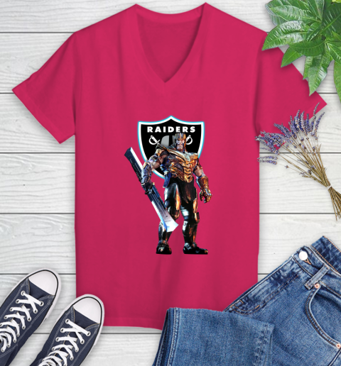 NFL Thanos Gauntlet Avengers Endgame Football Oakland Raiders Women's V-Neck T-Shirt 9
