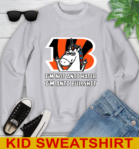 Cincinnati Bengals NFL Football Unicorn I'm Not Anti Hater I'm Anti Bullshit Youth Sweatshirt 4