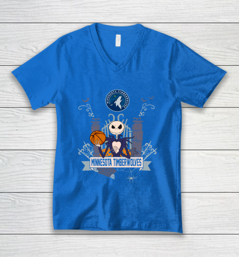 NBA Minnesota Timberwolves Basketball Jack Skellington Halloween V-Neck T-Shirt 5