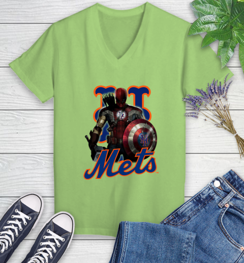 MLB Captain America Thor Spider Man Hawkeye Avengers Endgame Baseball New York Mets Women's V-Neck T-Shirt 11