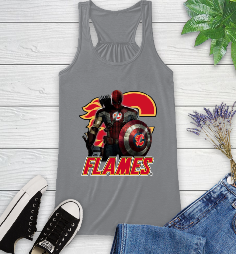 NHL Captain America Thor Spider Man Hawkeye Avengers Endgame Hockey Calgary Flames Racerback Tank 5