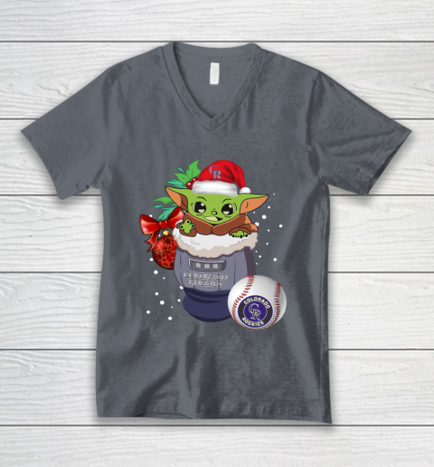 Colorado Rockies Christmas Baby Yoda Star Wars Funny Happy MLB V-Neck T-Shirt 5