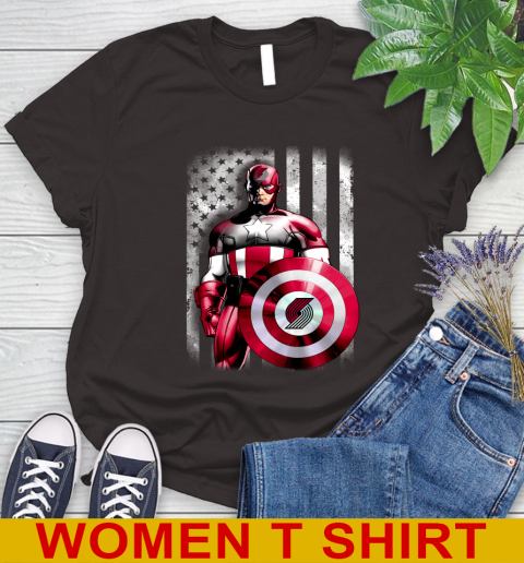 Portland Trail Blazers NBA Basketball Captain America Marvel Avengers American Flag Shirt Women's T-Shirt 9