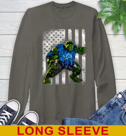 Detroit Lions Hulk Marvel Avengers NFL Football American Flag Long Sleeve T-Shirt 10