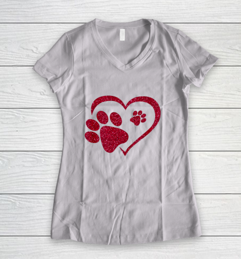 Paw Print Heart Dog Cat Owner Lover Girl Valentine Day Women's V-Neck T-Shirt