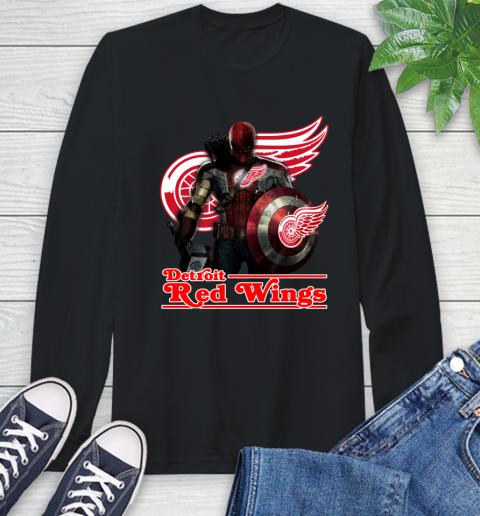NHL Captain America Thor Spider Man Hawkeye Avengers Endgame Hockey Detroit Red Wings Long Sleeve T-Shirt 2