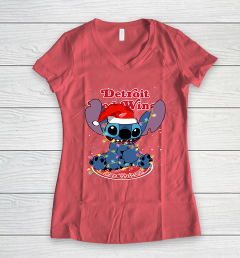 Detroit Red Wings NHL Hockey noel stitch Christmas Women's V-Neck T-Shirt 3