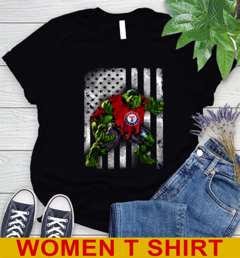 Texas Rangers Hulk Marvel Avengers MLB Baseball American Flag Women's T-Shirt