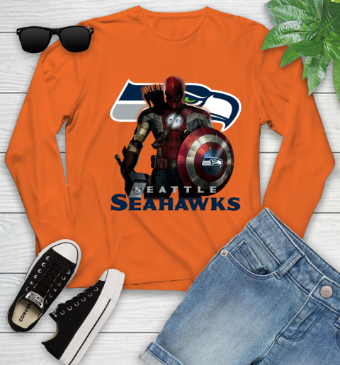 NFL Captain America Thor Spider Man Hawkeye Avengers Endgame Football Seattle Seahawks Youth Long Sleeve 4