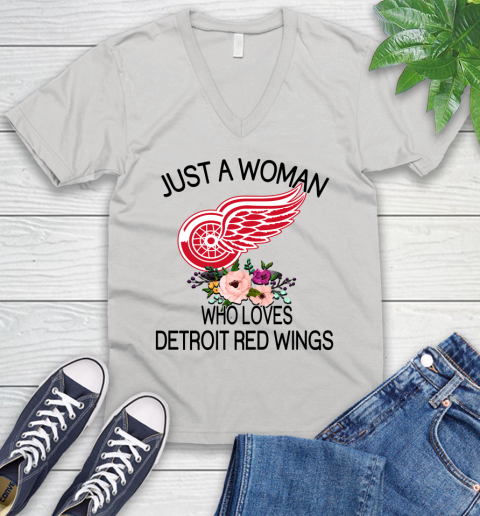 NHL Just A Woman Who Loves Detroit Red Wings Hockey Sports V-Neck T-Shirt