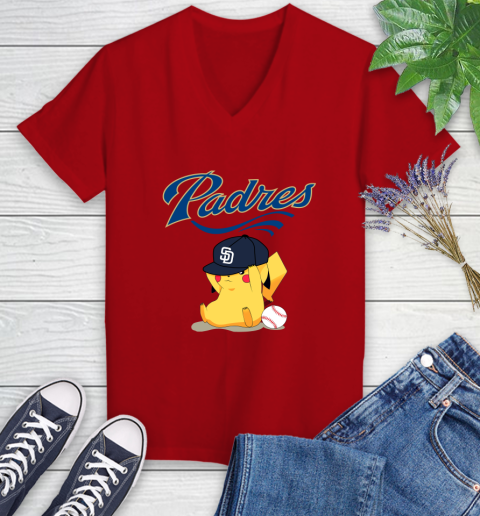 MLB Pikachu Baseball Sports San Diego Padres Women's V-Neck T-Shirt 12