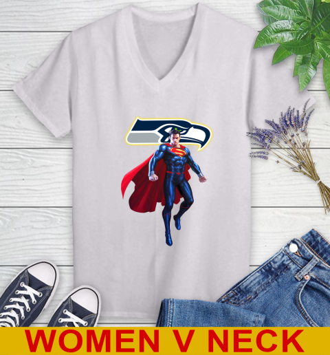 NFL Superman DC Sports Football Seattle Seahawks Women's V-Neck T-Shirt