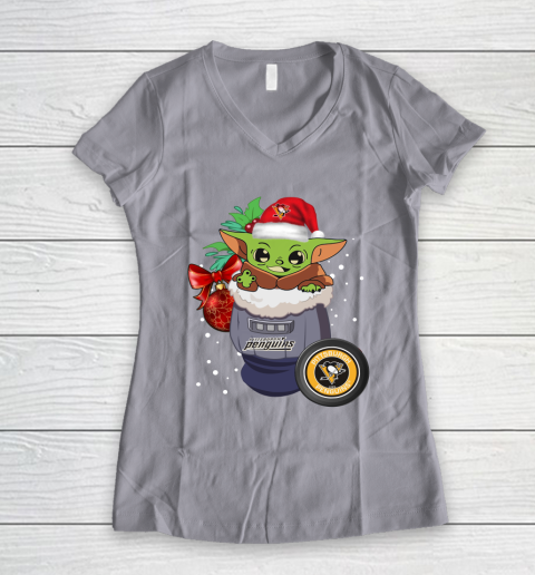 Pittsburgh Penguins Christmas Baby Yoda Star Wars Funny Happy NHL Women's V-Neck T-Shirt 4