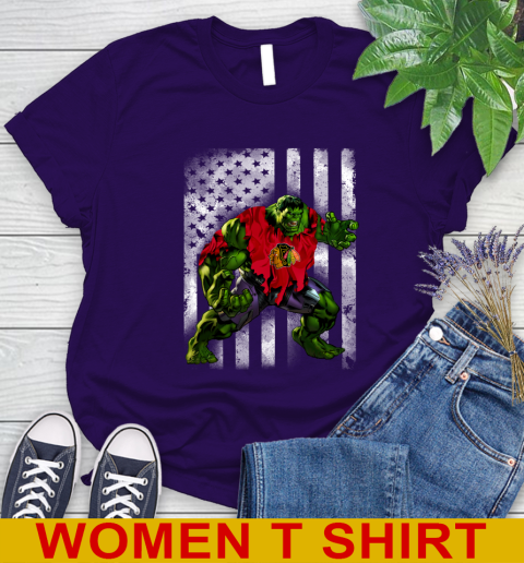 Chicago Blackhawks Hulk Marvel Avengers NHL Hockey American Flag Women's T-Shirt 4