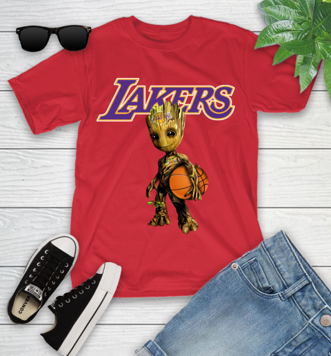 Los Angeles Lakers NBA Basketball Groot Marvel Guardians Of The Galaxy Youth T-Shirt 10